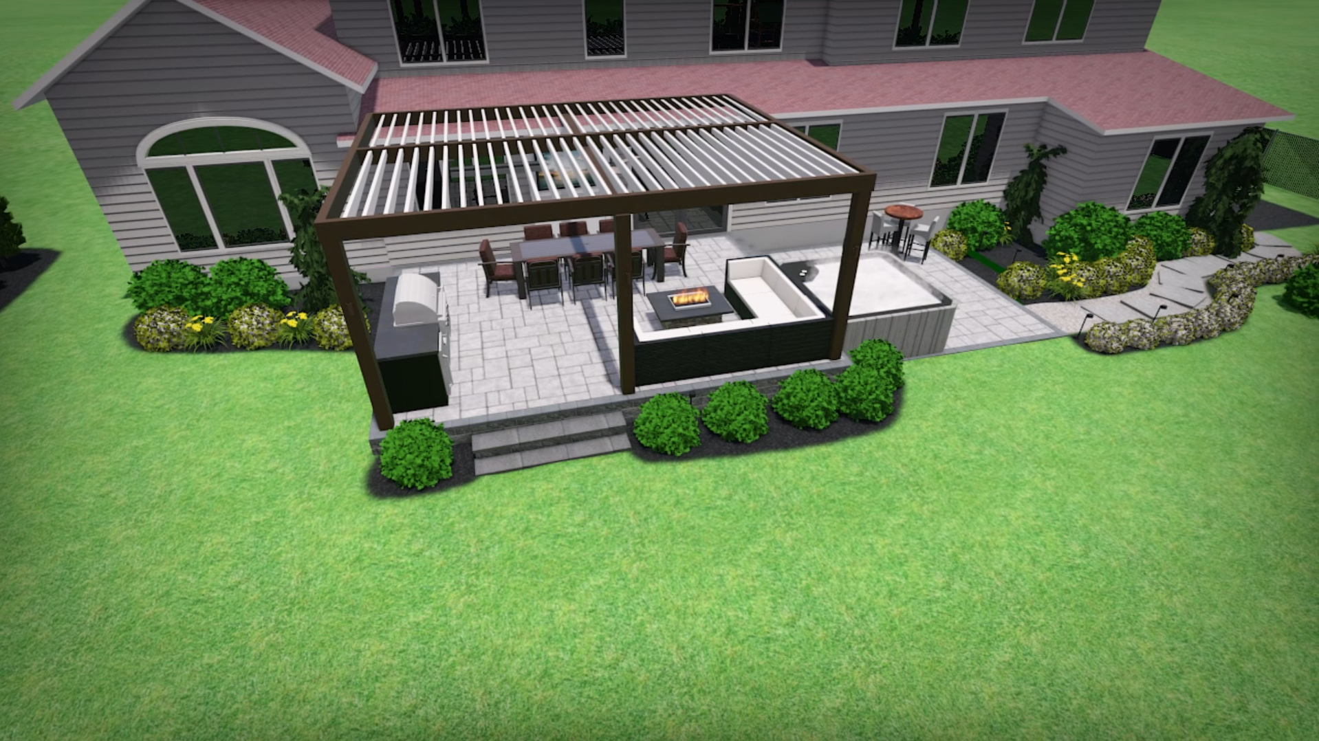 3D deck design rendering showing louvered roof pergola, outdoor kitchen, fire pit lounge, dining area, and hot tub on a paver patio layout