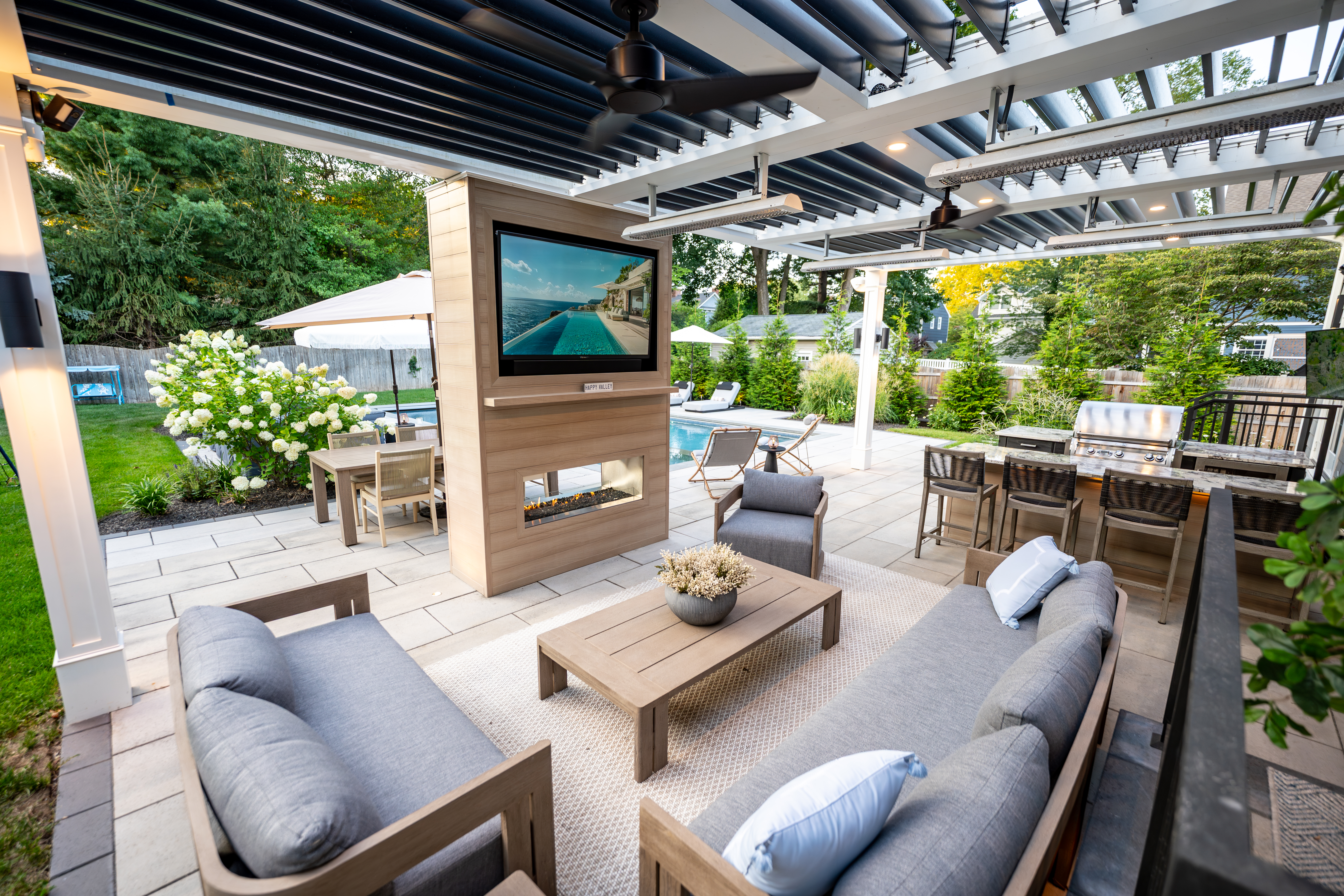 covered patio with lounge seating, outdoor kitchen, bar seating, and separate dining area arranged in distinct zones